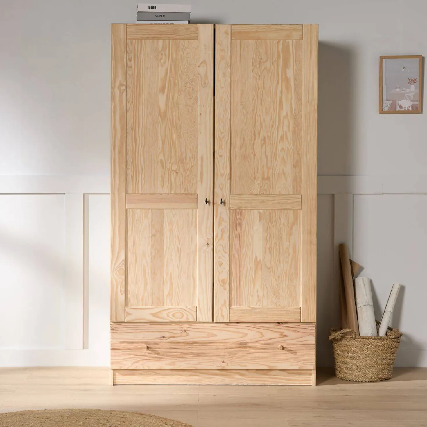 Armoire bois massif 2 portes 1 tiroir Iris
