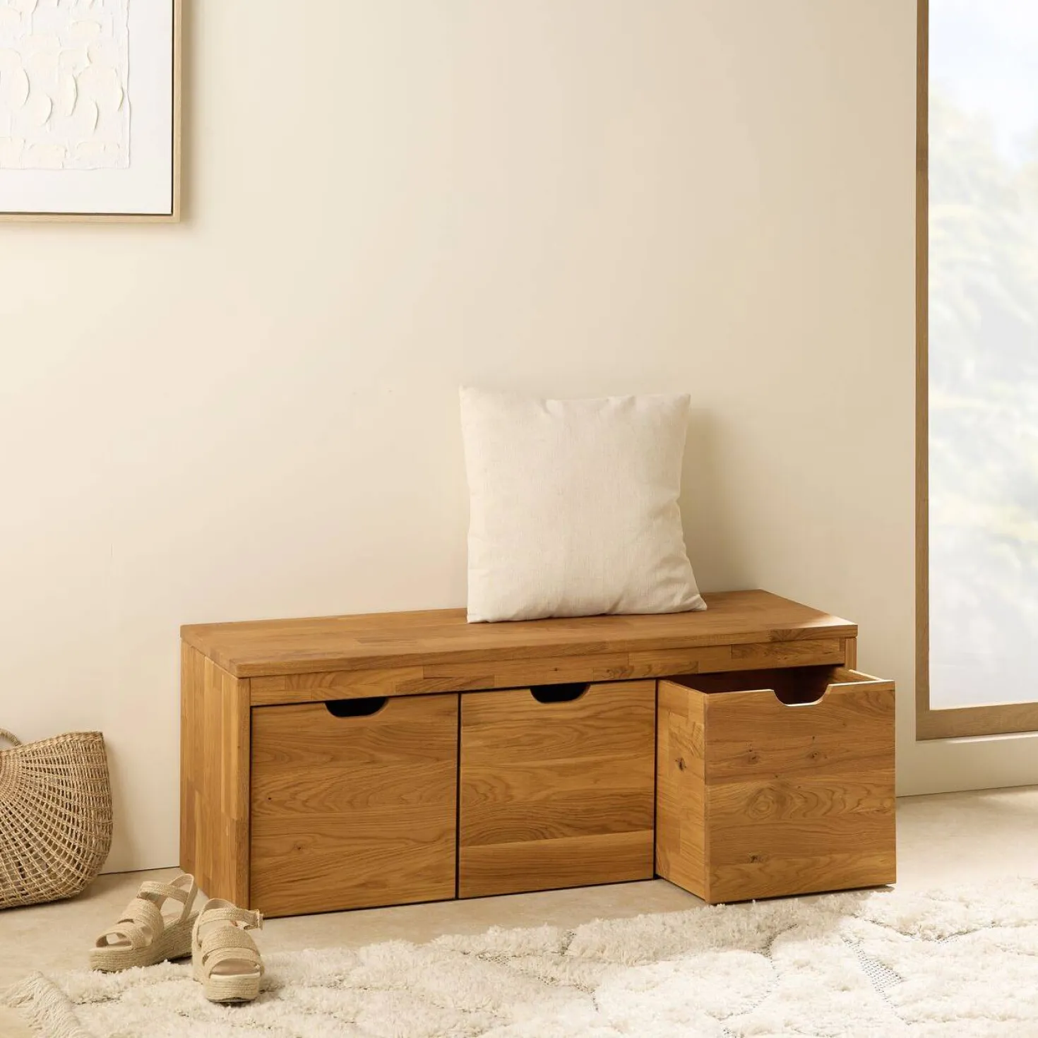 Banc bois massif 3 cubes de rangement Cyriel