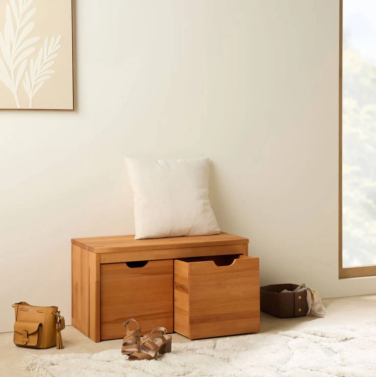 Banc bois massif 2 cubes de rangement Cyriel