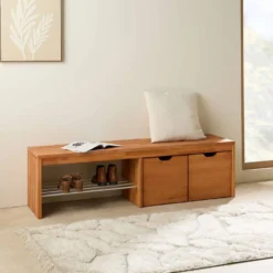 Banc à chaussures bois massif avec 2 cubes de rangement Cyriel