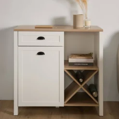 Buffet bas blanc et décor bois 1 porte 1 tiroir 94,5 cm Pivoine