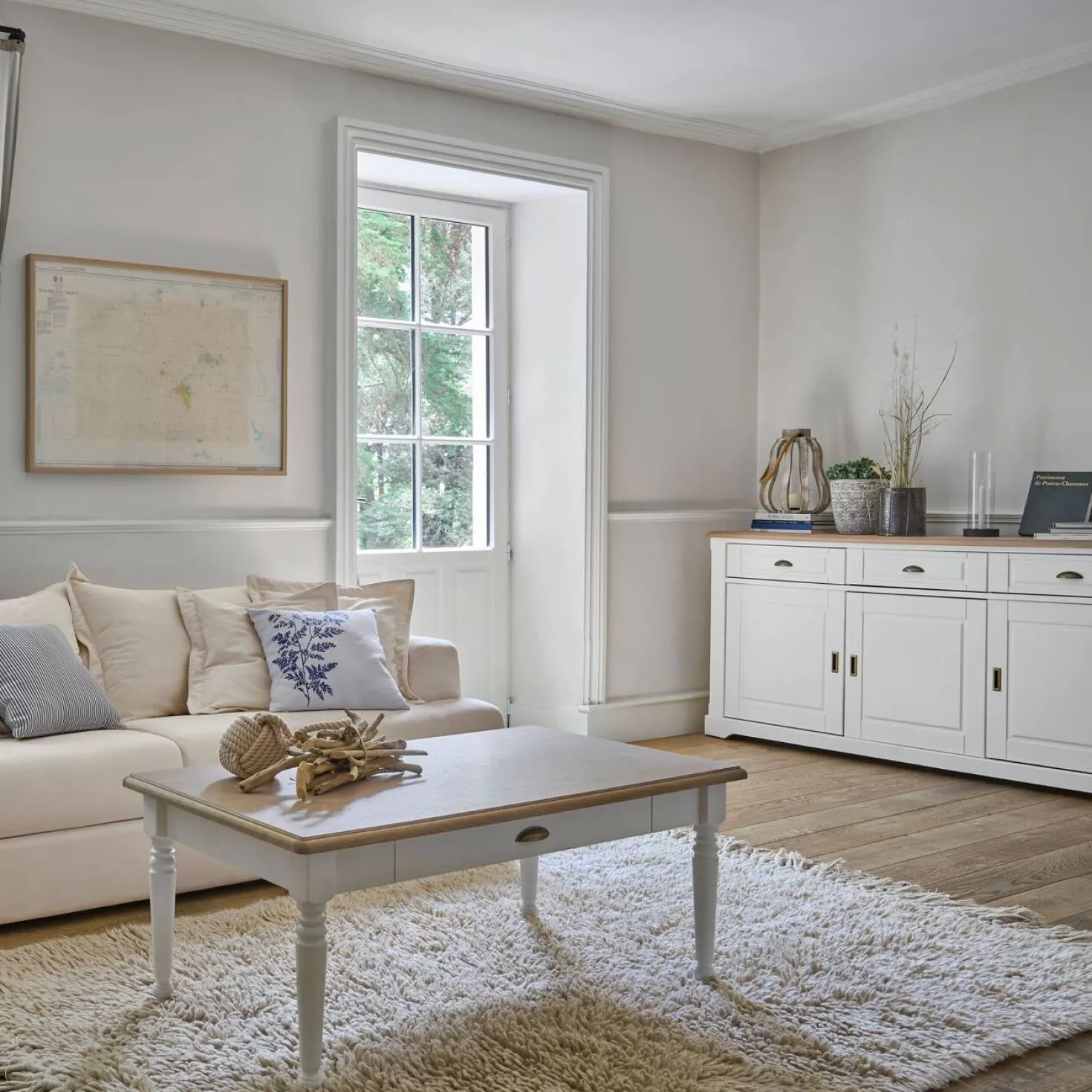 Buffet blanc et bois 3 portes 3 tiroirs 200 cm Apolline