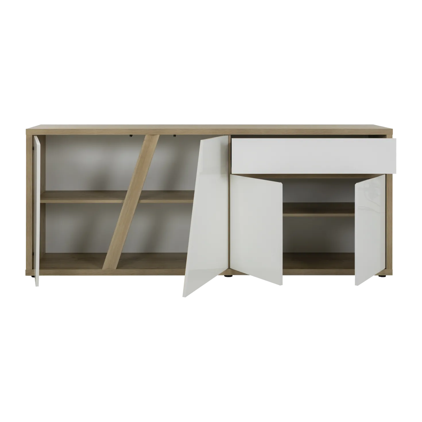 Buffet décor bois et blanc 4 portes 1 tiroir 213 cm Gustave
