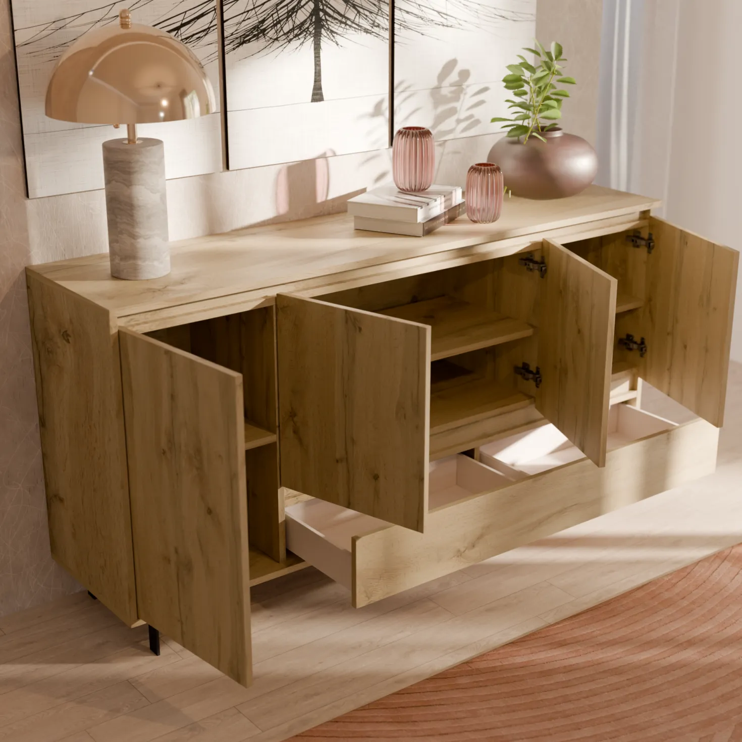 Buffet décor bois 4 portes 1 tiroir 180 cm Gustavo