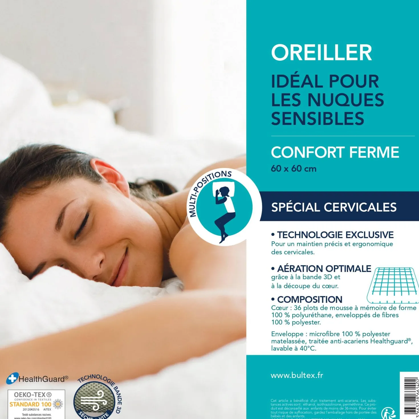 BULTEX Oreiller ferme en mousse à mémoire de forme Spécial Cervicales
