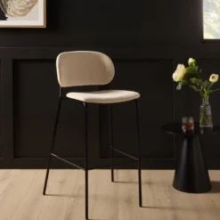 Chaise de bar 75 cm tissu et bois pieds métal Sofia