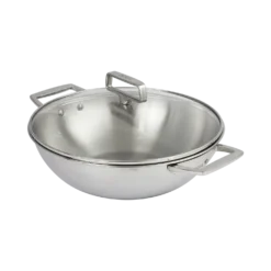CRISTEL Wok en inox 3 ply, 28 cm, 2 anses fixes, avec couvercle en verre CASTEL PRO