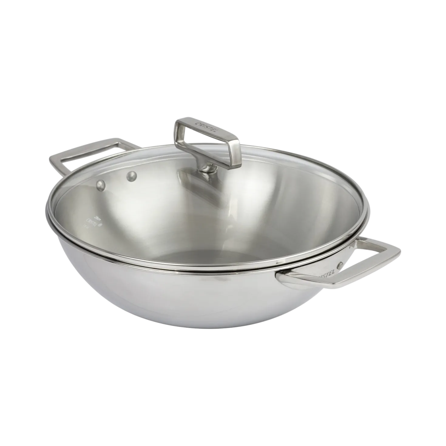 CRISTEL Wok en inox 3 ply, 28 cm, 2 anses fixes, avec couvercle en verre CASTEL PRO