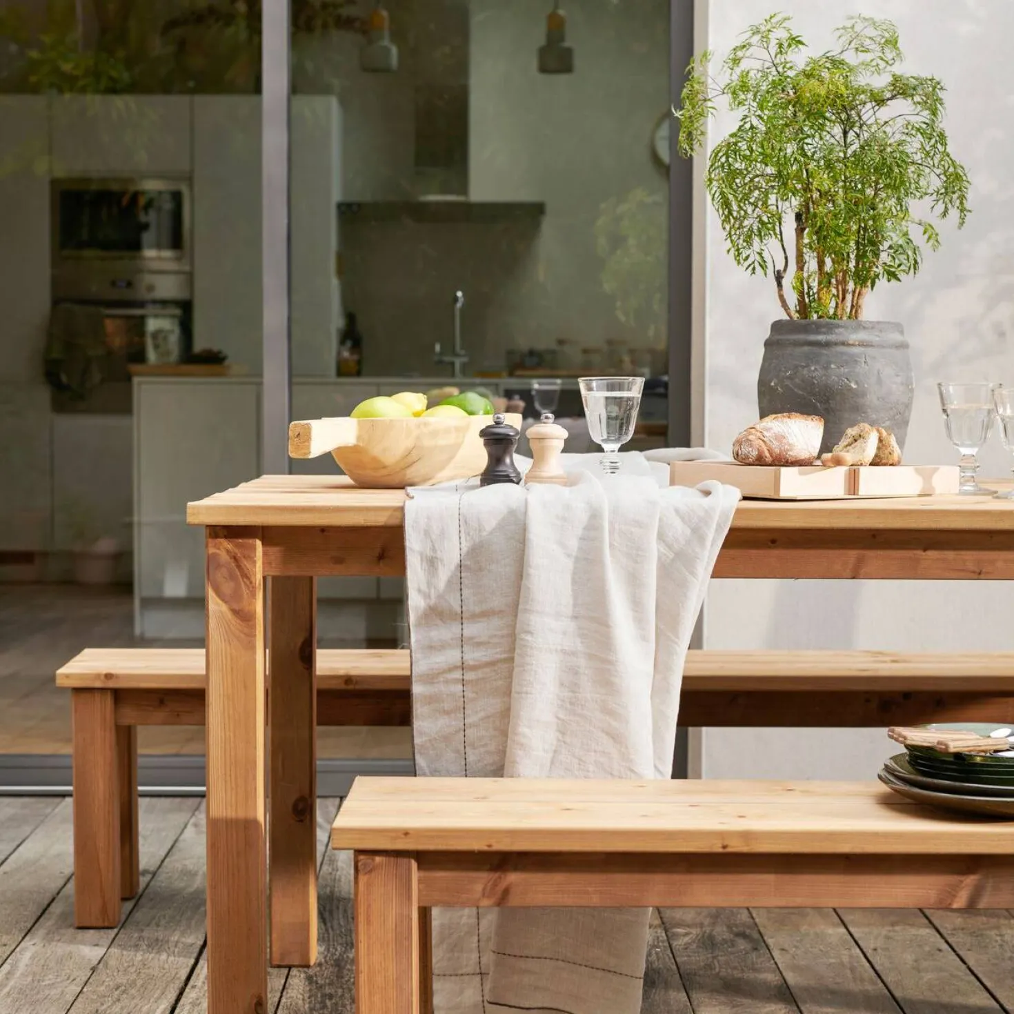 EKJU Table 200 x 78 cm avec Deux Bancs en Bois Eloise