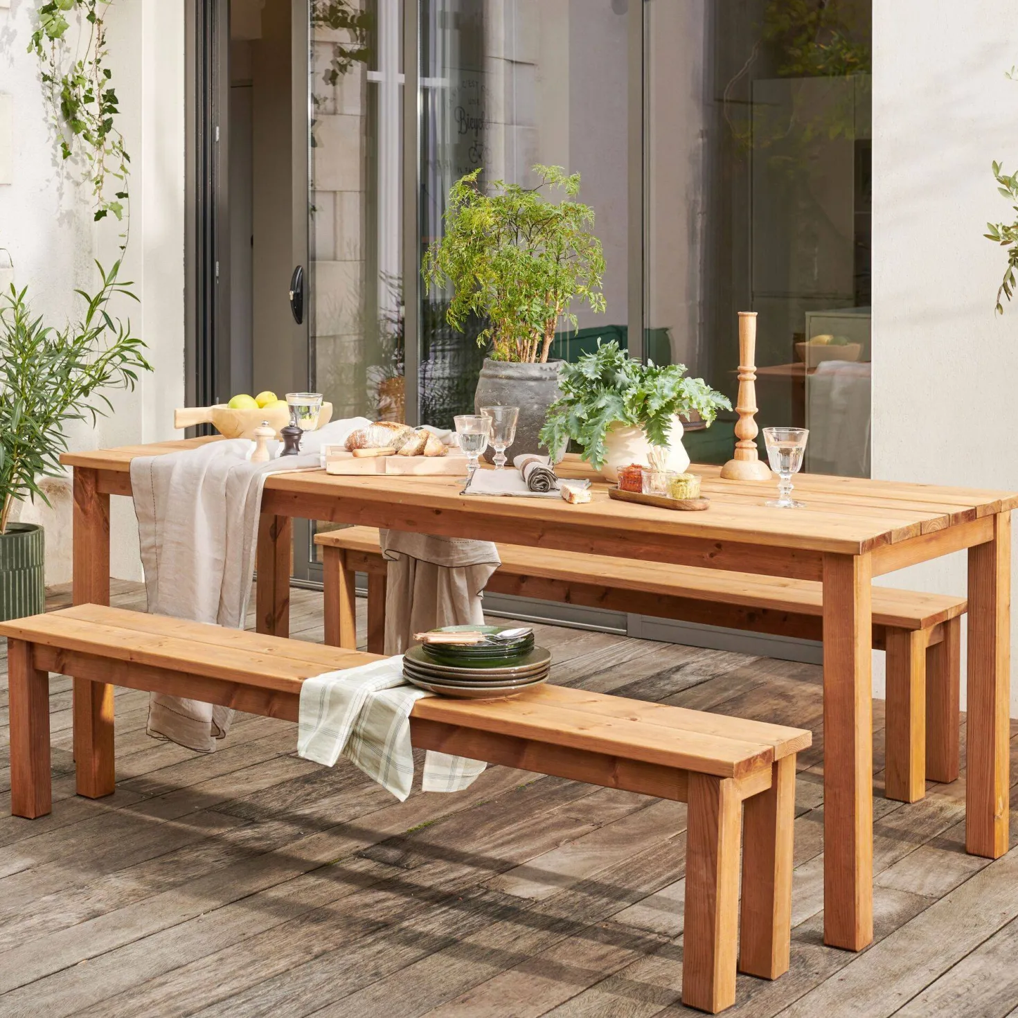 EKJU Table 200 x 78 cm avec Deux Bancs en Bois Eloise