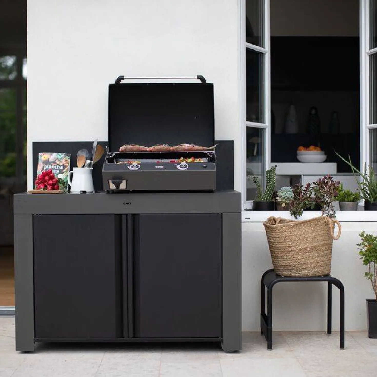 ENO Meuble de Cuisine pour Plancha 120 x 60 cm Félix en Acier Gris et Noir