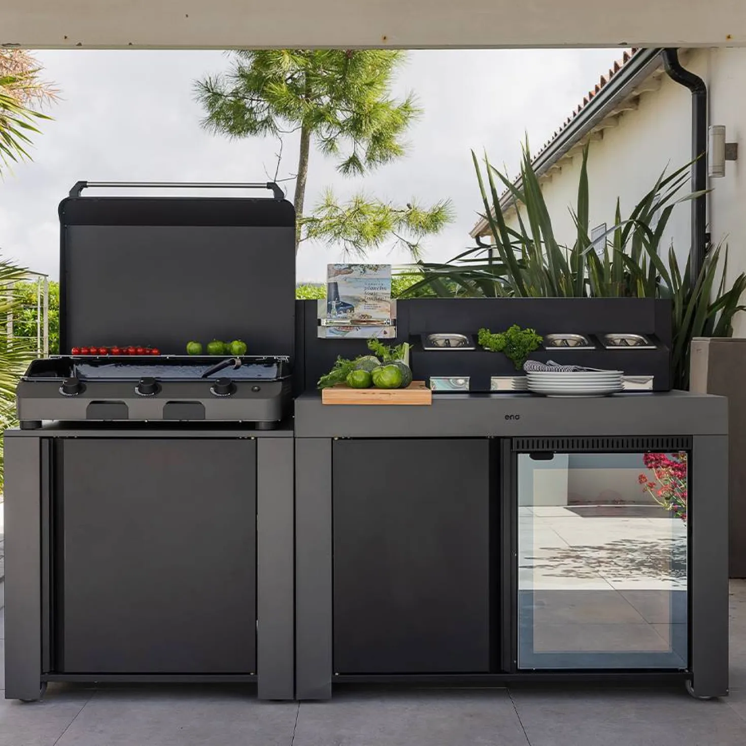 ENO Meuble de Cuisine pour Plancha 120 x 60 cm Félix en Acier Gris et Noir