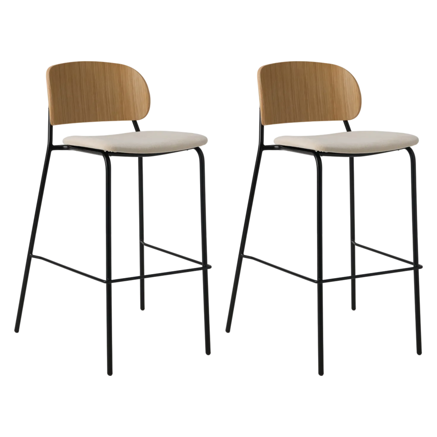 Lot de 2 chaises de bar 75 cm tissu et bois pieds métal Sofia