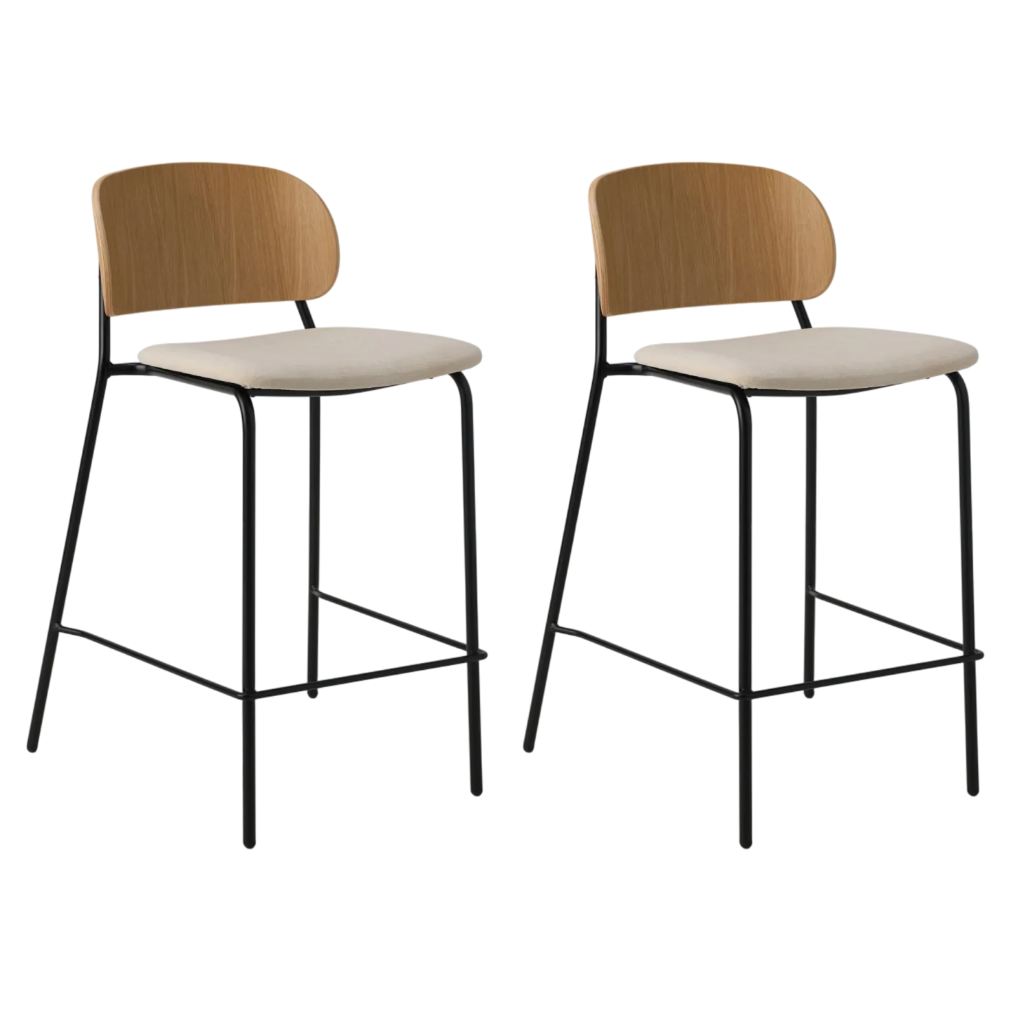 Lot de 2 chaises d'îlot 65 cm tissu et bois pieds métal Sofia