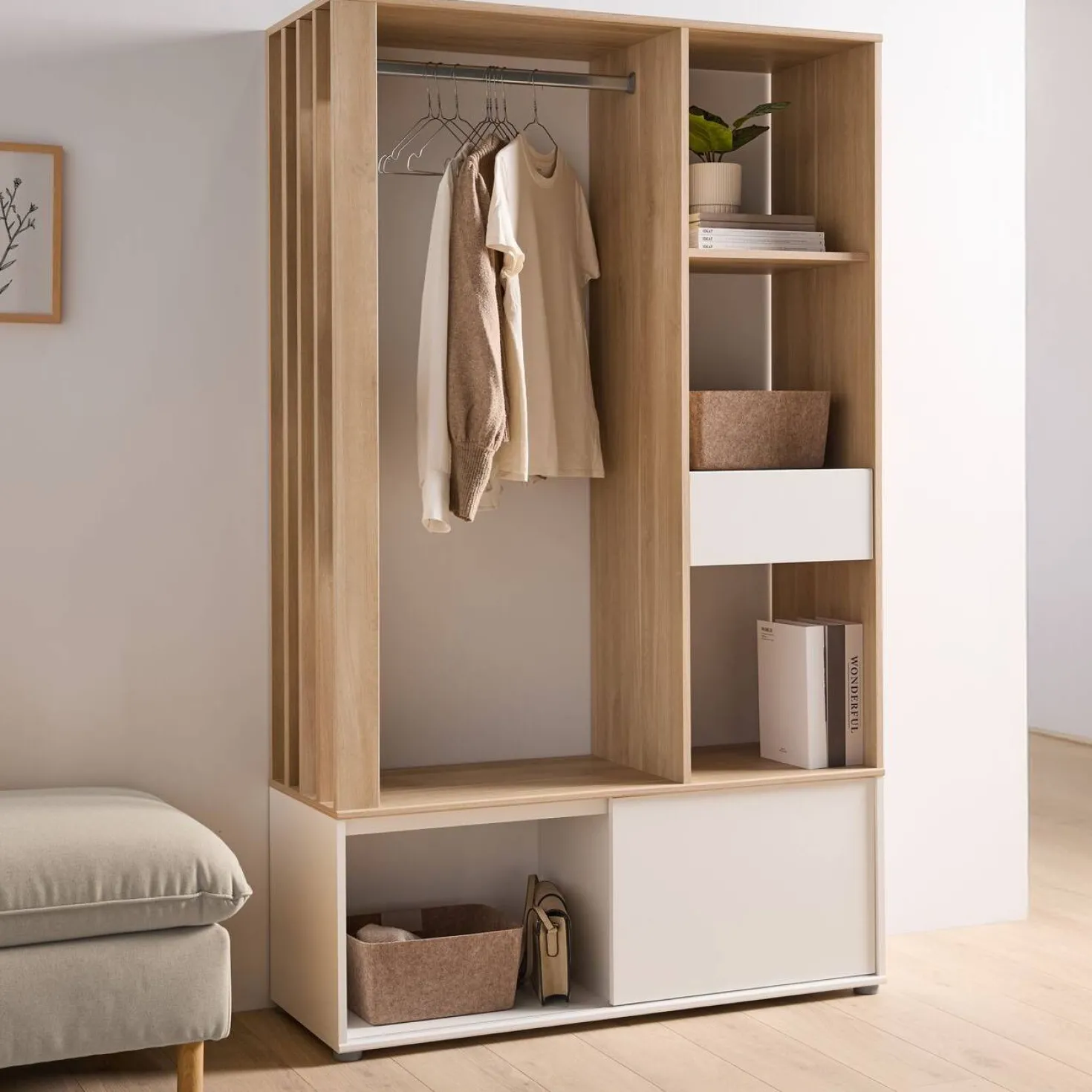 Meuble d'entrée vestiaire blanc et décor bois Paul