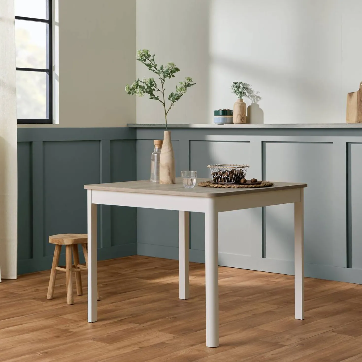 Table à manger carrée décor bois et blanc 2 à 4 personnes Adeline