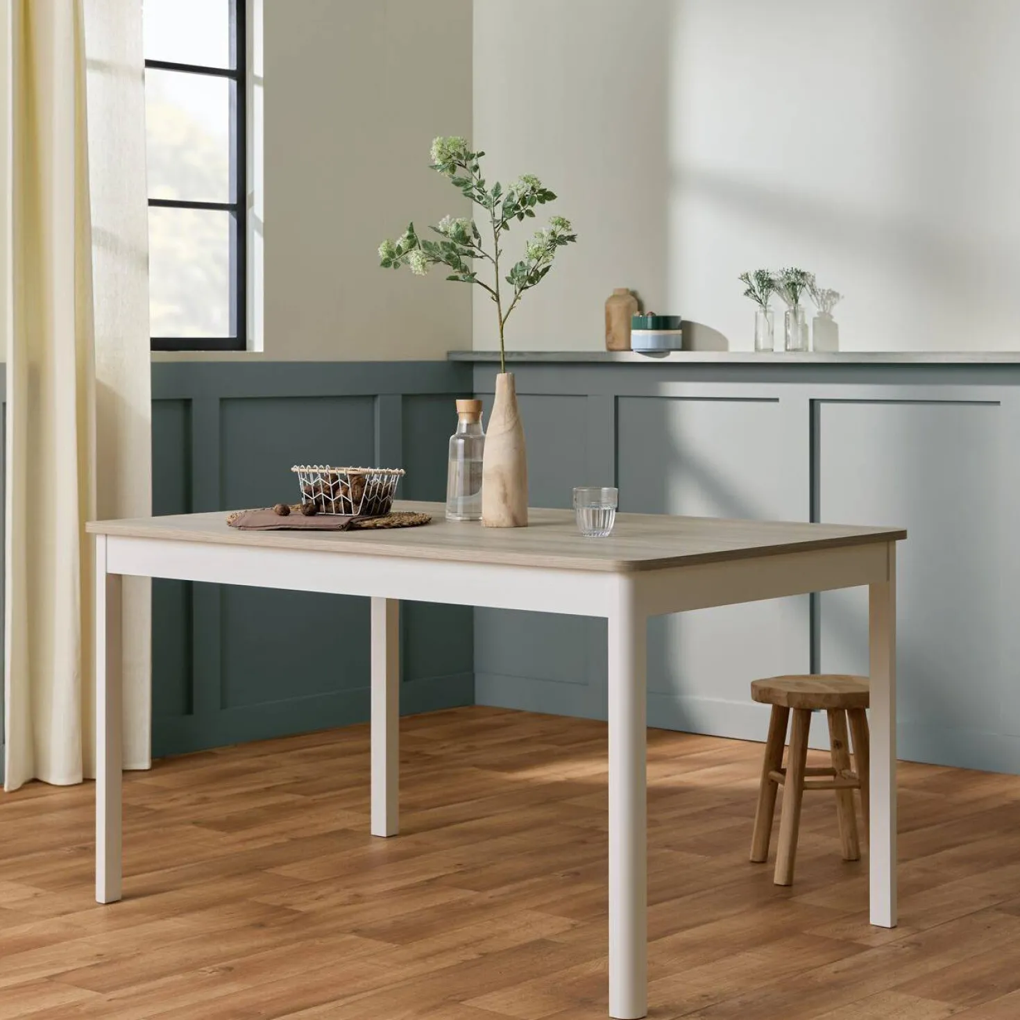 Table à manger rectangulaire décor bois et blanc 4 personnes Adeline