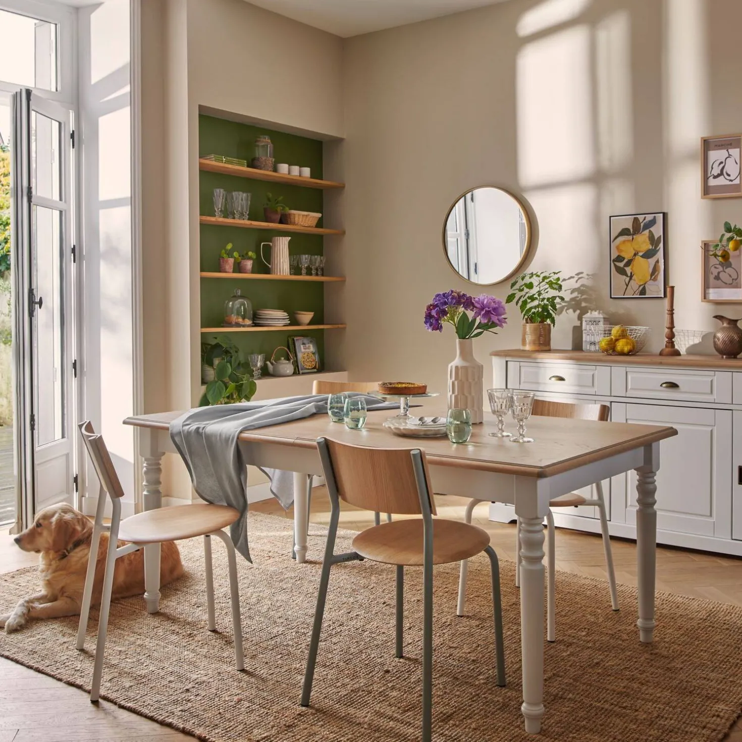 Table à manger rectangulaire extensible bois et blanc 6 à 10 personnes Apolline