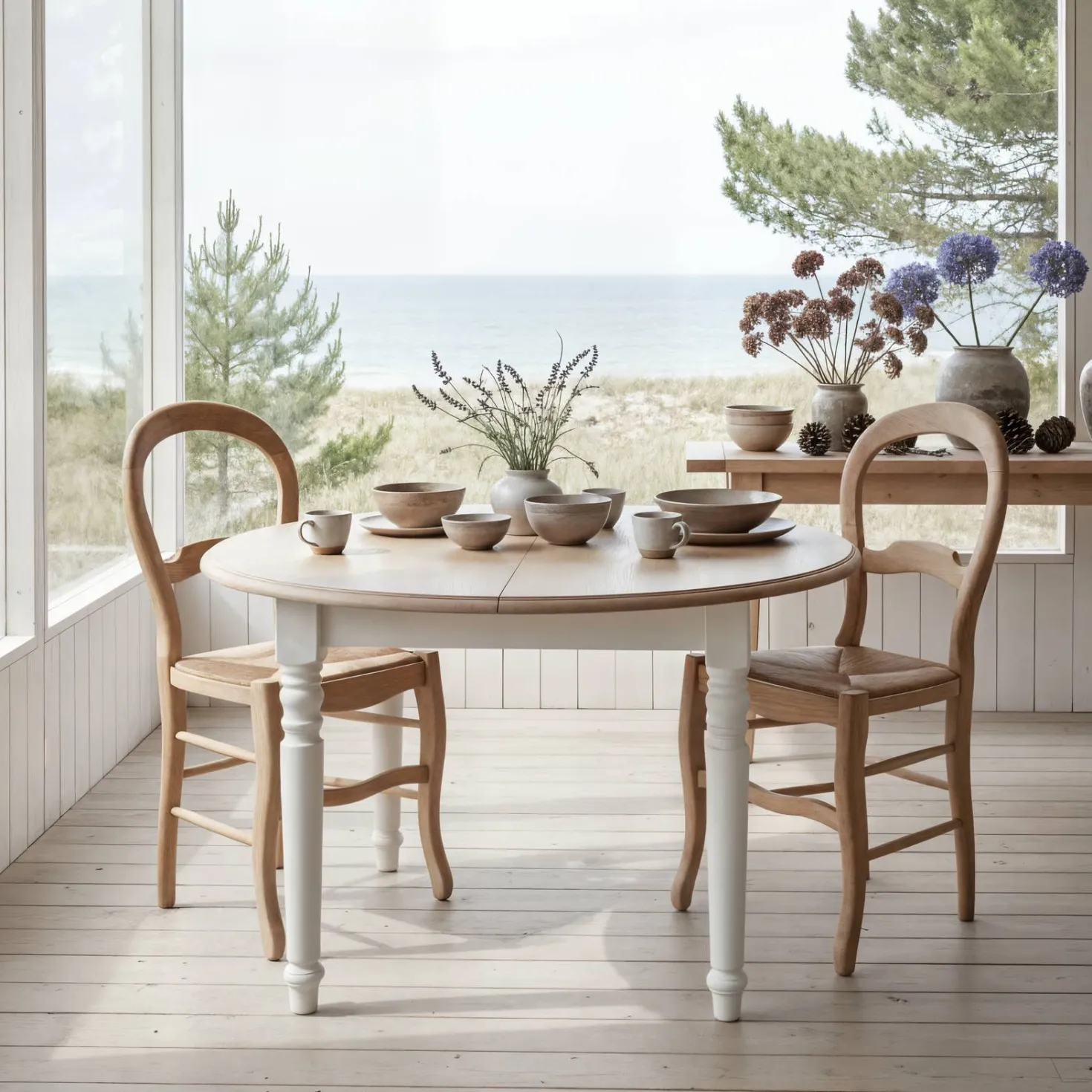 Table à manger ronde extensible blanc et bois 4 à 8 personnes Apolline
